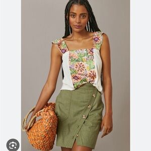 Anthropologie | Flutter Sleeve Embroidered Tank Top, White & Floral | size L